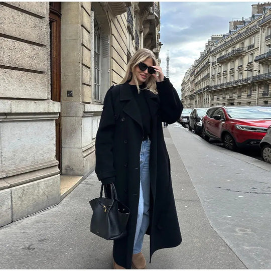 Damen Eleganter Oversized-Trenchcoat mit modischem Gürtel und breiten Ärmeln EB
