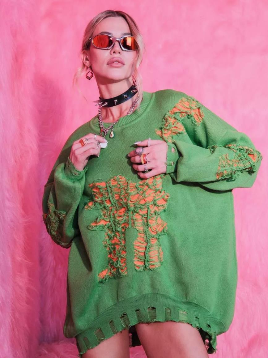 Damen grob gestrickter Oversized-Pullover mit einzigartiger Transparenzstruktur und modernen Akzenten EB