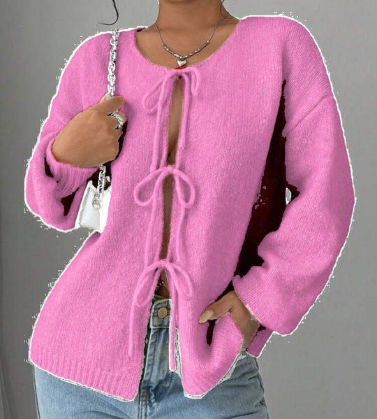 Damen Oversized Strickpullover mit dekorativem Schnürdetail EB