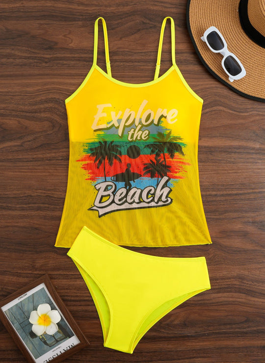 Damen Strandtop mit buntem Grafikdesign und passendem Bikiniunterteil EB