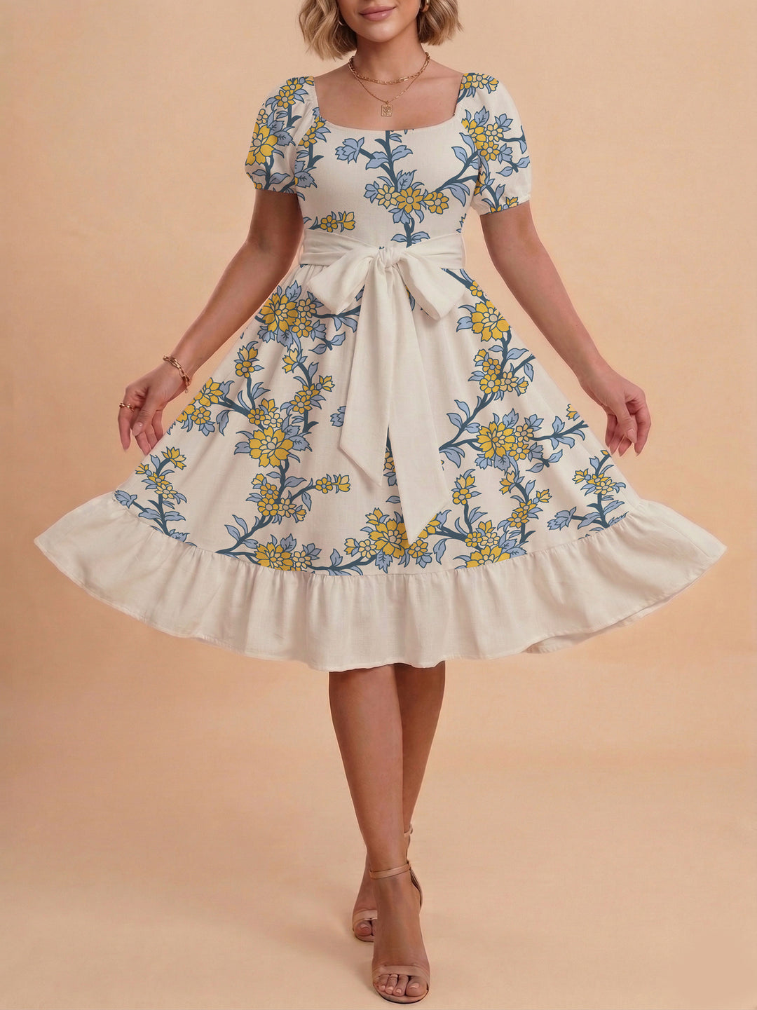 Damen Blumenkleid mit taillierbarem Gürtel und voluminösen Ärmeln EB