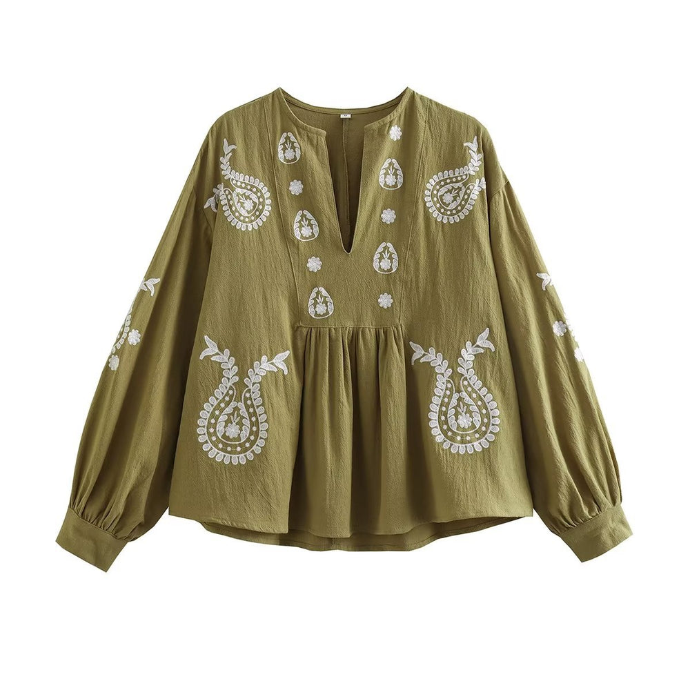 Damen bestickte Bluse mit Balloon-Ärmeln und V-Ausschnitt EB