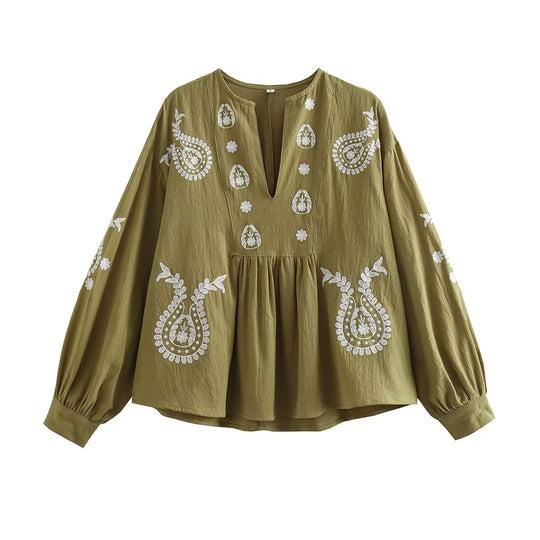 Damen bestickte Bluse mit Balloon-Ärmeln und V-Ausschnitt EB