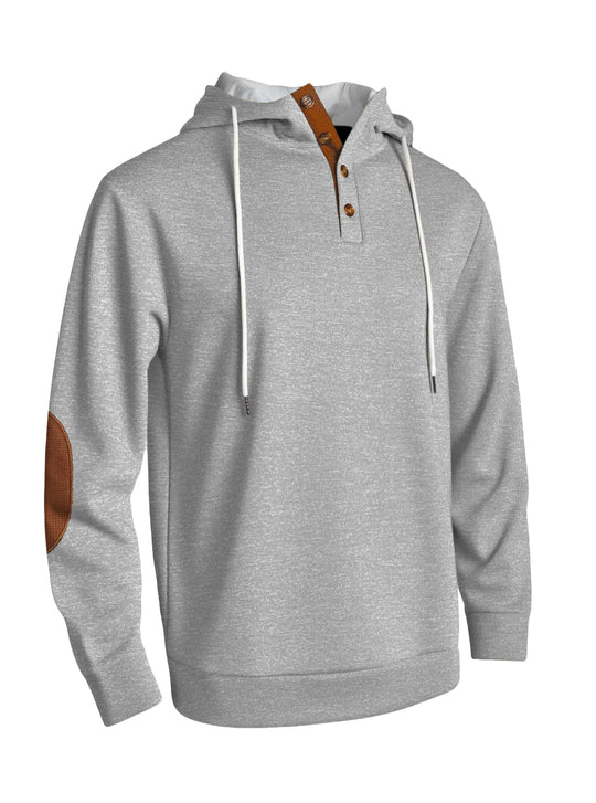 Herren nan Kapuzenpullover im puristischen Freizeitstil mit Henley-Knopfleiste, kontrastierter Kapuzeninnenseite und Ellenbogenaufnähern EB