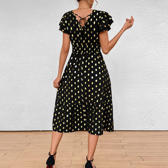 Damen Maxikleid mit Rüschendetails und schimmerndem Punktmuster EB