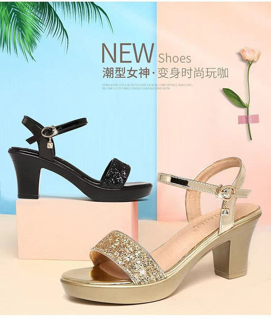 Damen nan Glitzer-Zehenschlaufen-Sandalette mit Plateaueffekt und stabilem Blockabsatz EB
