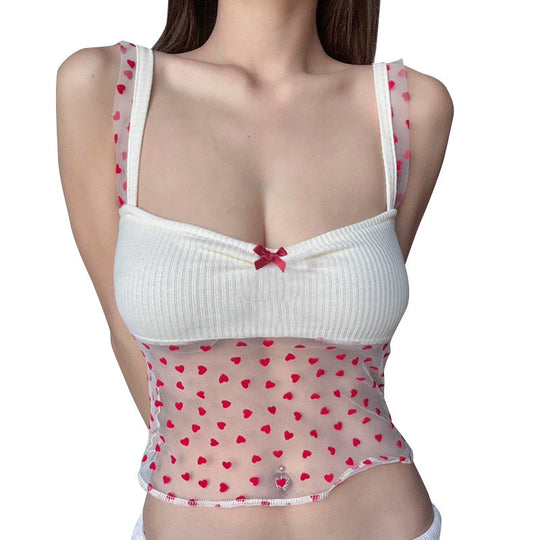 Damen Transparentes Top mit romantischem Herzmuster und doppeltem Träger EB