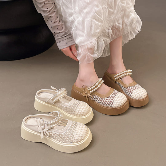 Damen Komfortable und elegante Mules mit Perlverzierung und atmungsaktivem Obermaterial EB