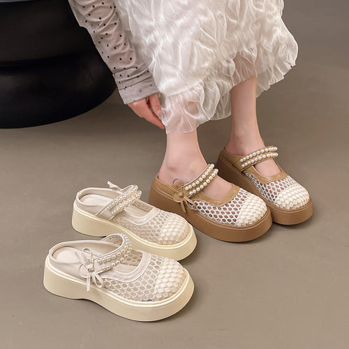 Damen Komfortable und elegante Mules mit Perlverzierung und atmungsaktivem Obermaterial EB