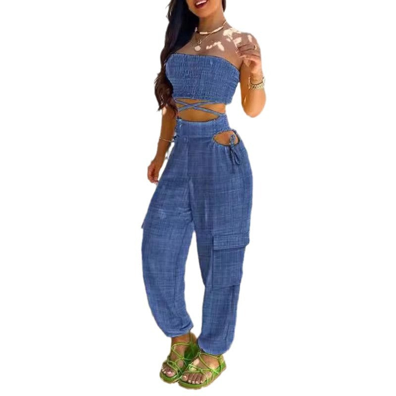 Damen Oberteil und Cargo-Hose Set mit stylischen Cut-Outs und elastischem Bund EB