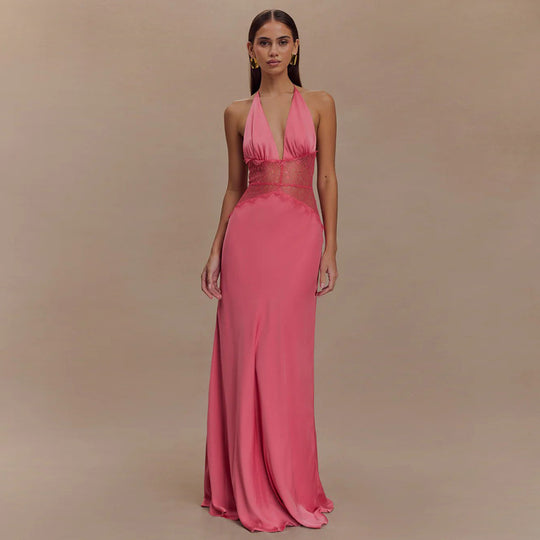 Damen Elegantes Maxikleid mit tiefem V-Ausschnitt und zarter Spitzenverzierung EB