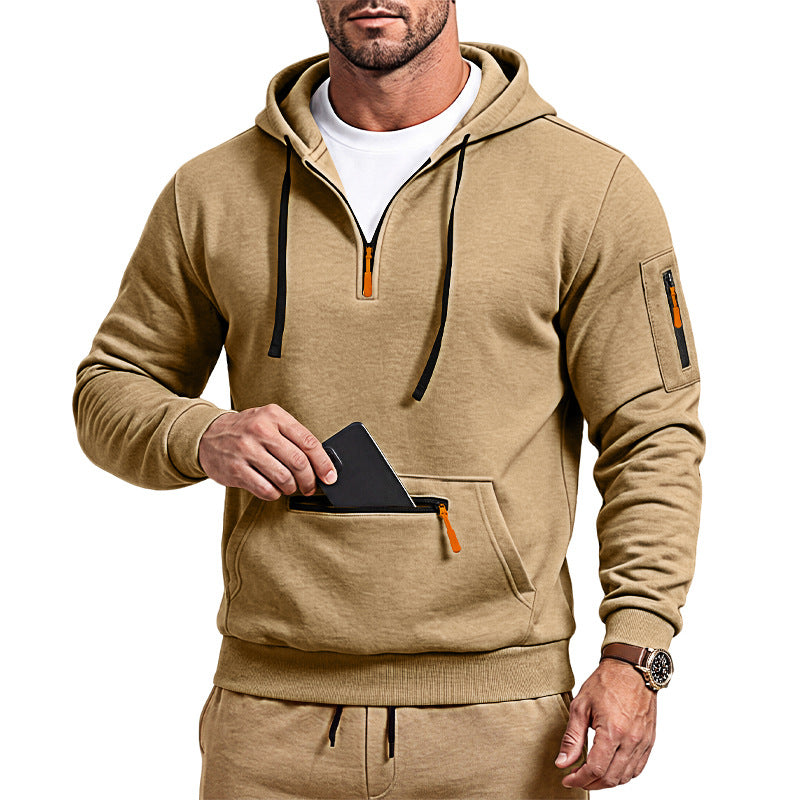 Herren sportlicher Kapuzenpullover mit halbem Reißverschluss und verschließbarer Kängurutasche EB