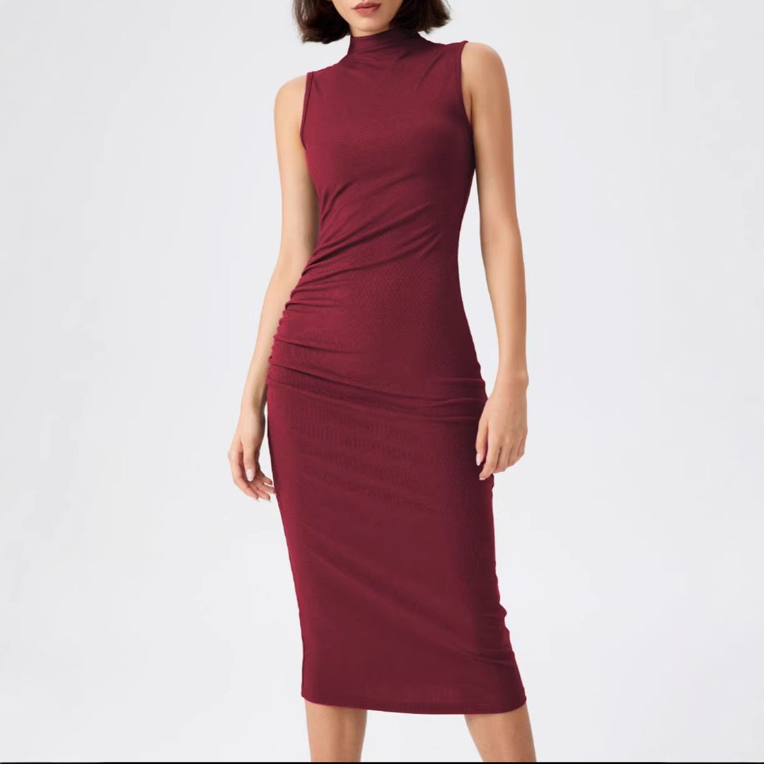 Damen elegantes Midi-Kleid mit figurbetontem Schnitt und hohem Kragen EB