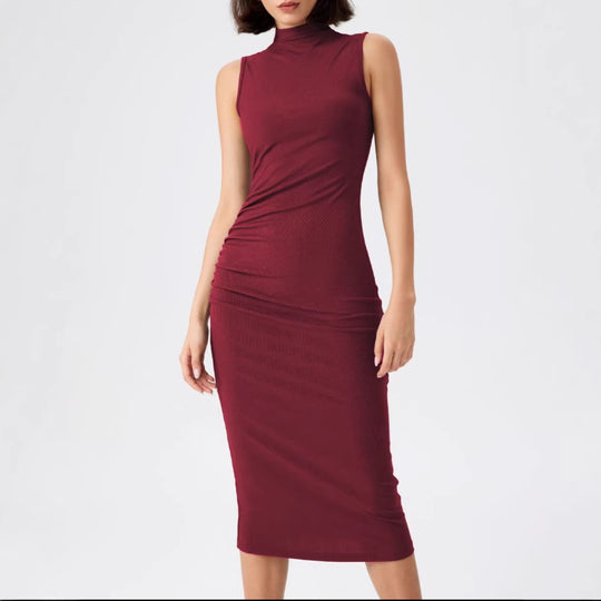 Damen elegantes Midi-Kleid mit figurbetontem Schnitt und hohem Kragen EB