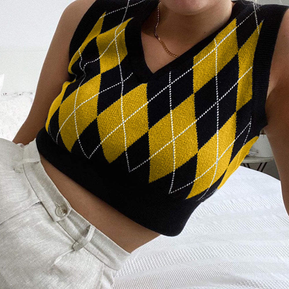 Damen cropped Stricktop mit modernem Rautenmuster EB