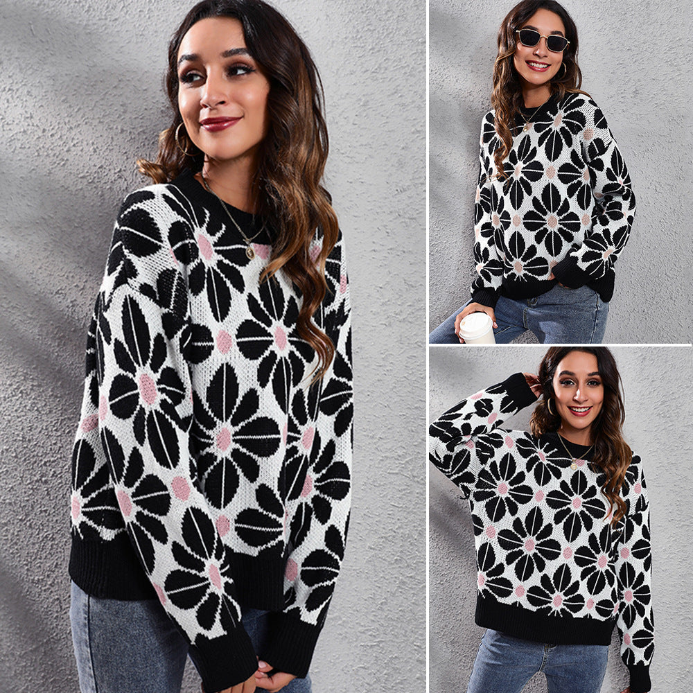 Damen Gemusterter Strickpullover mit floralem Design und hohem Kragen EB