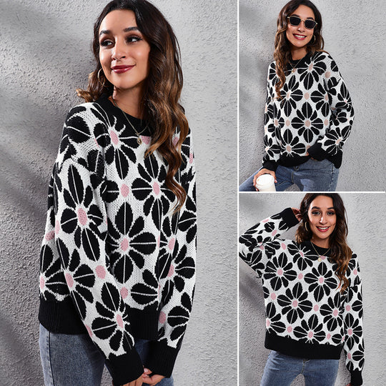 Damen Gemusterter Strickpullover mit floralem Design und hohem Kragen EB