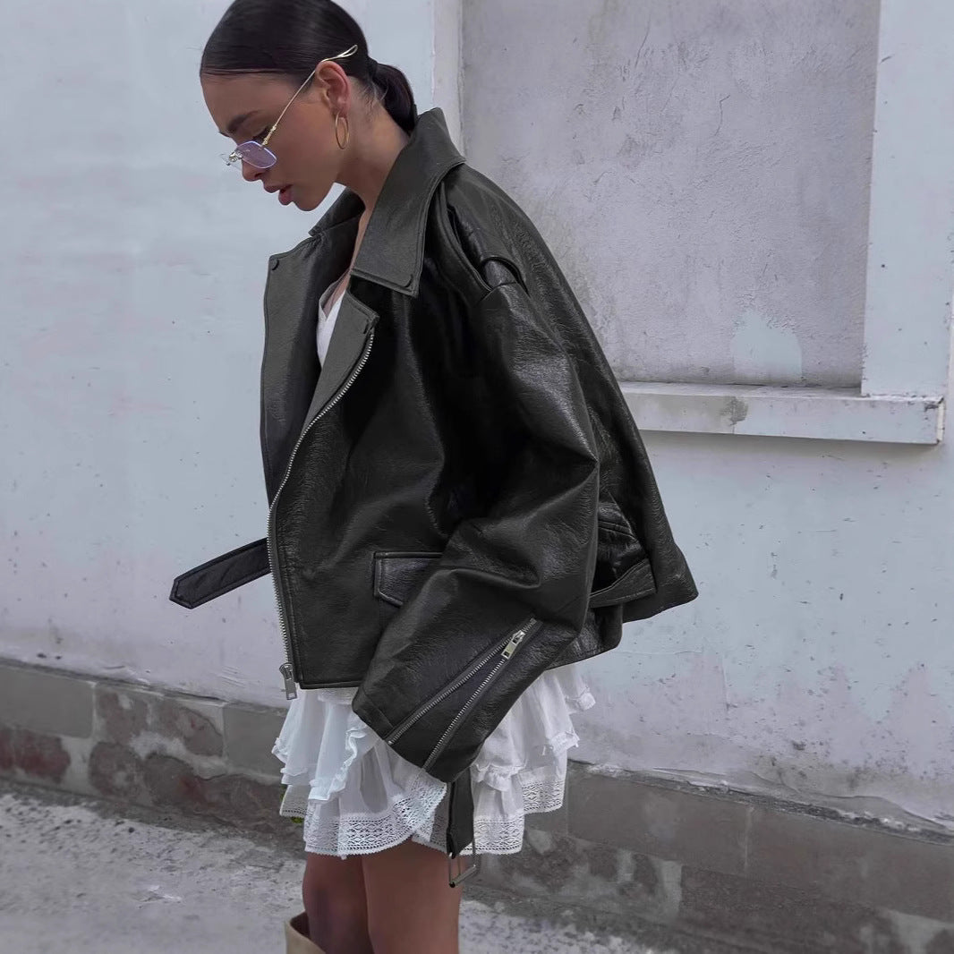 Damen Oversized Kunstlederjacke mit asymmetrischem Reißverschluss EB