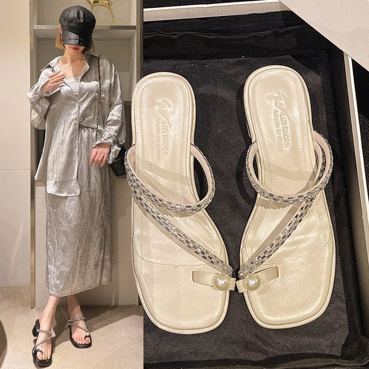 Damen elegante Riemensandalen mit glänzenden Perlenakzenten EB