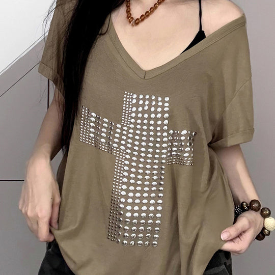 Damen stylisches Oversized T-Shirt mit Kreuz-Print und Glitzerdetails EB