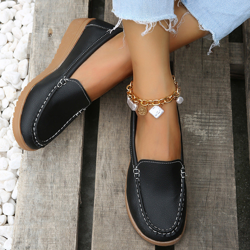 Damen lässige Slip-On Loafer mit ergonomischer Keilsohle, gepolstertem Komfortfußbett und dekorativer Kontrastnaht EB