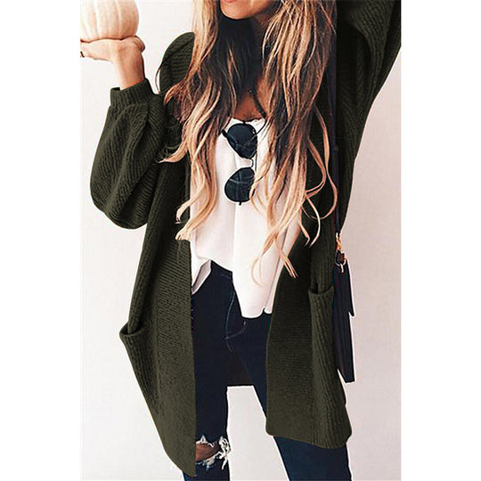 Damen lässige Strickjacke mit offenen Taschen und U-Förmigem Schnitt EB
