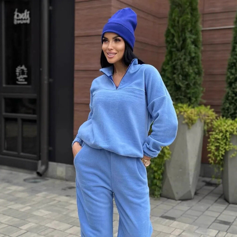 Damen Kuscheliges Fleece-Loungewear-Set mit Halb-Reißverschluss und elastischem Bund EB