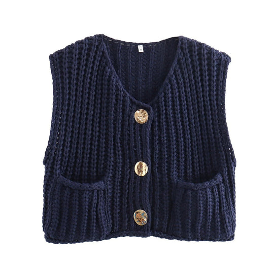 Damen modische Strickweste mit Knopfdetails und aufgesetzten Taschen EB