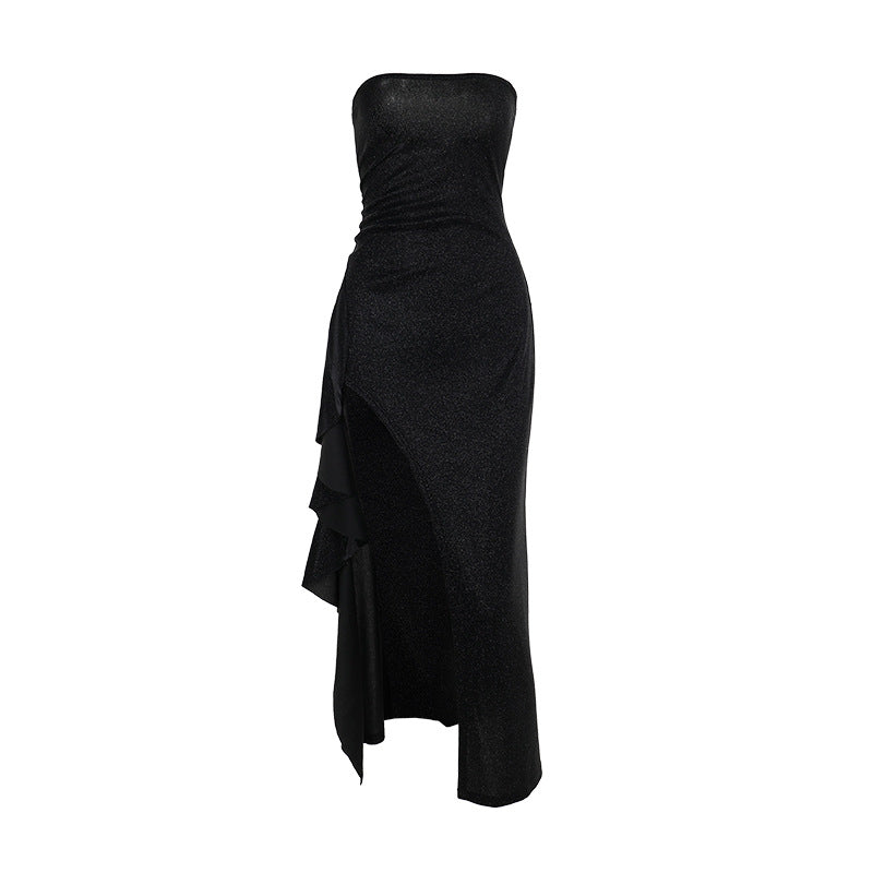 Damen elegantes schulterfreies Abendkleid mit asymmetrischem Volant EB