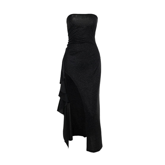 Damen elegantes schulterfreies Abendkleid mit asymmetrischem Volant EB