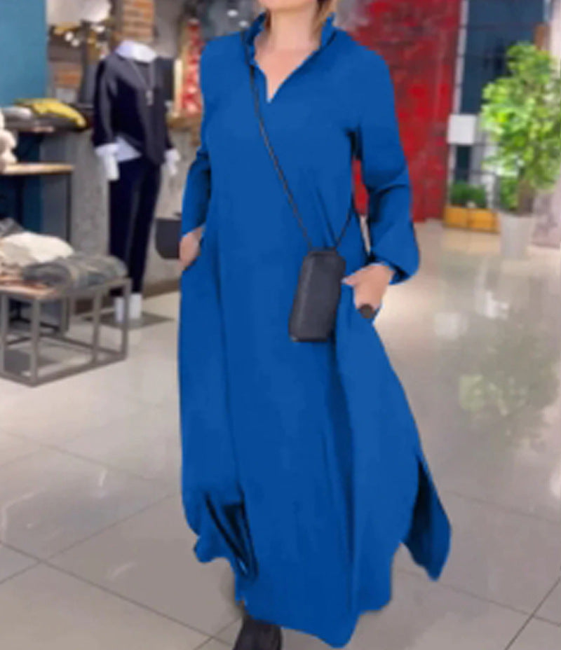 Damen Maxikleid mit praktischen Seitentaschen und modernem Hemdblusenkragen EB