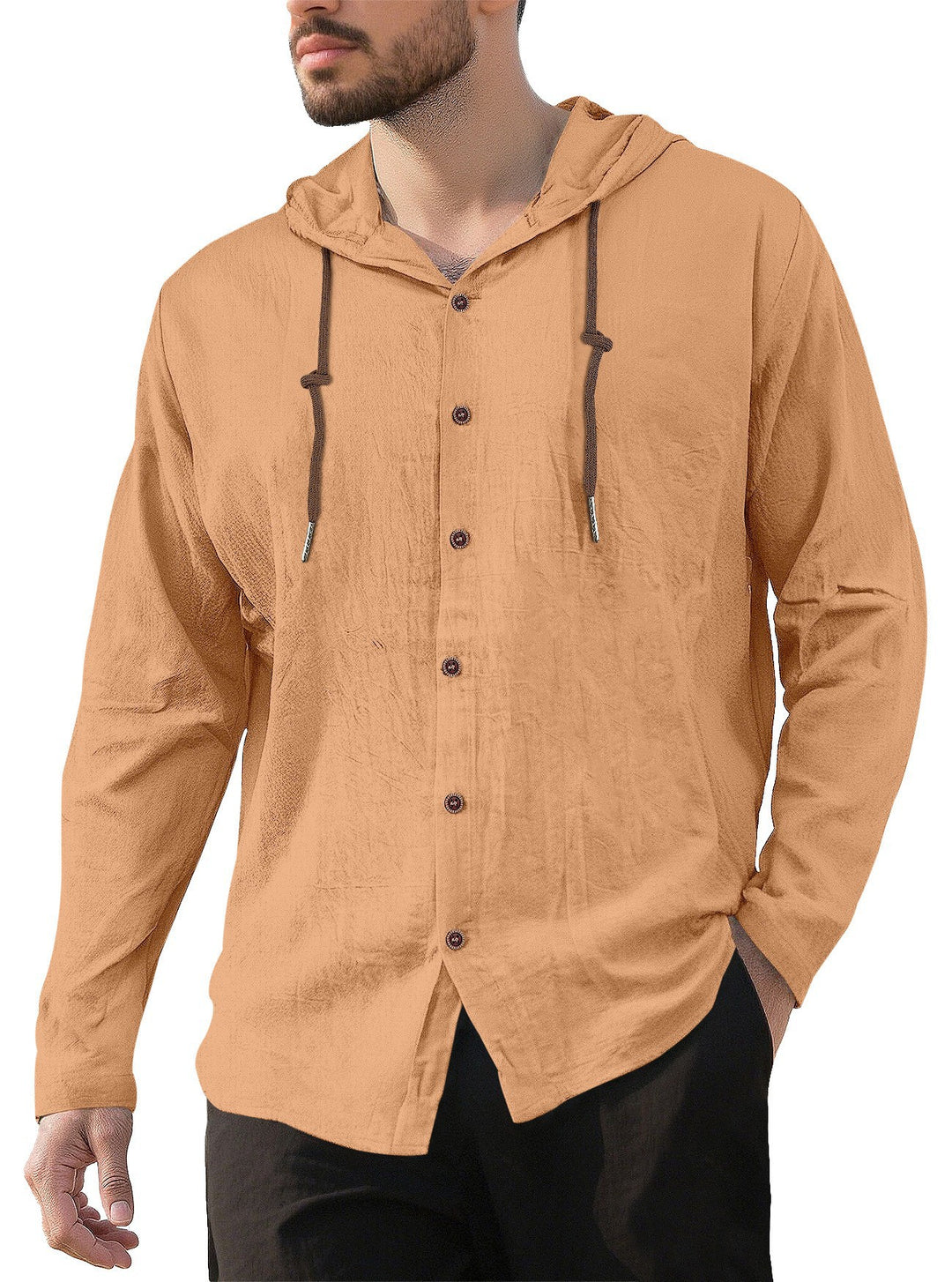 Herren nan Kapuzenhemd im Leinen-Look mit durchgehender Knopfleiste und Kordelzug EB