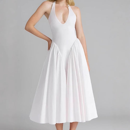 Damen Midikleid mit tiefem V-Ausschnitt und fließendem Rock EB