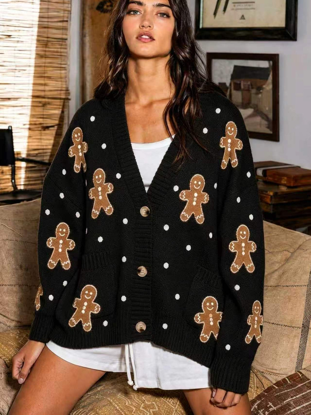 Damen nan oversized Strickcardigan mit Lebkuchenstickerei und tiefem V-Ausschnitt EB