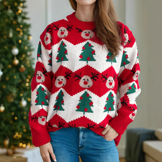 Damen Weihnachtspullover mit festlichem Rentier- und Weihnachtsbaum-Motiv EB