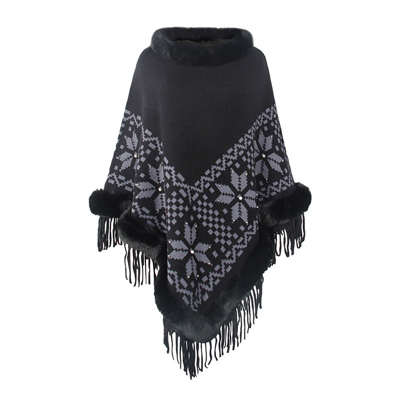 Damen eleganter Poncho mit dekorativem Fransen-Design und Kunstfellbesatz EB