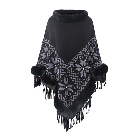 Damen eleganter Poncho mit dekorativem Fransen-Design und Kunstfellbesatz EB