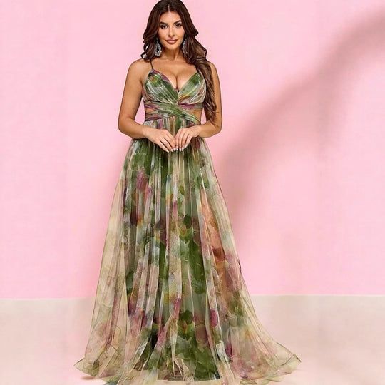 Damen Maxikleid mit floralem Chiffon-Design und eleganter Taillierung EB
