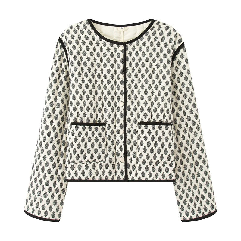 Damen gesteppte Jacke mit dekorativen Taschen und modernem Print EB