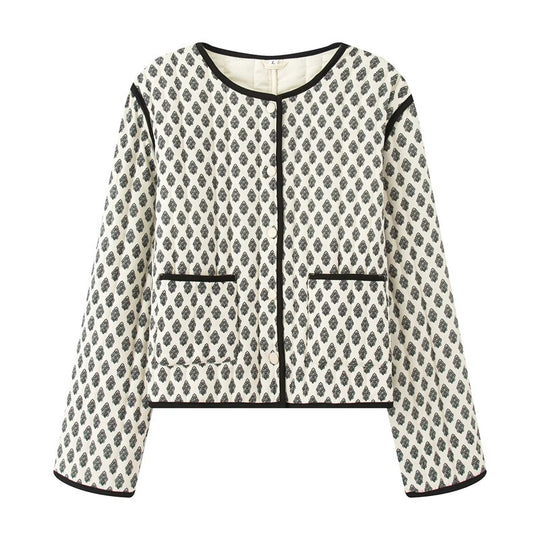 Damen gesteppte Jacke mit dekorativen Taschen und modernem Print EB