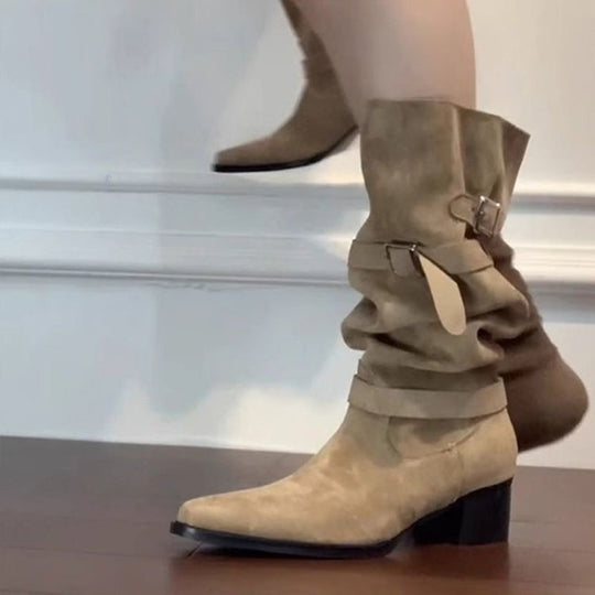 Damen Modische Overknee Stiefel mit verstellbaren Riemen und Blockabsatz EB
