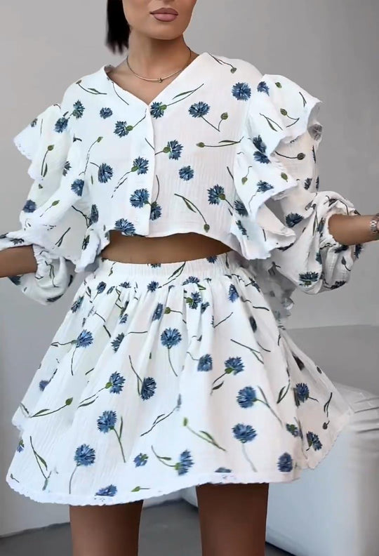 Damen Zweiteiliges Set mit herzförmigem Muster und luftiger Bluse EB