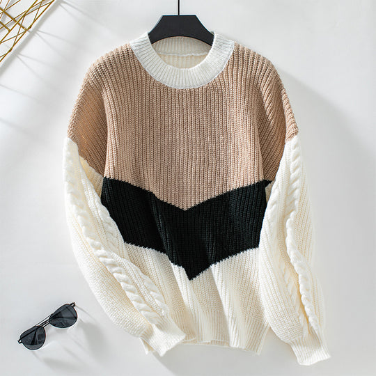 Damen modischer Strickpullover mit raffinierten Zopfmuster-Ärmeln und Kontrastfarben EB