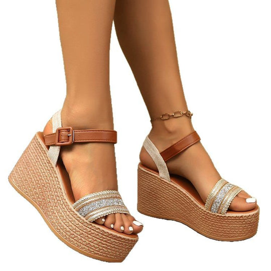 Damen Wedge-Sandalen mit modischem Riemendesign und glitzernden Akzenten EB