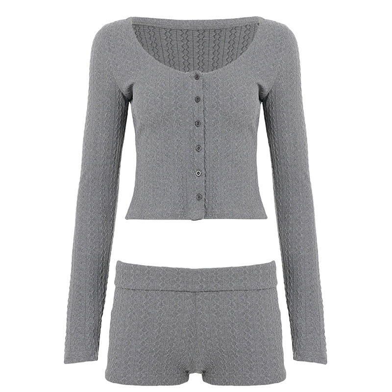 Damen nan geripptes Lounge-Set mit U-Ausschnitt Cropped-Cardigan und Highwaist-Shorts EB
