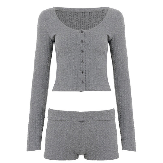 Damen nan geripptes Lounge-Set mit U-Ausschnitt Cropped-Cardigan und Highwaist-Shorts EB
