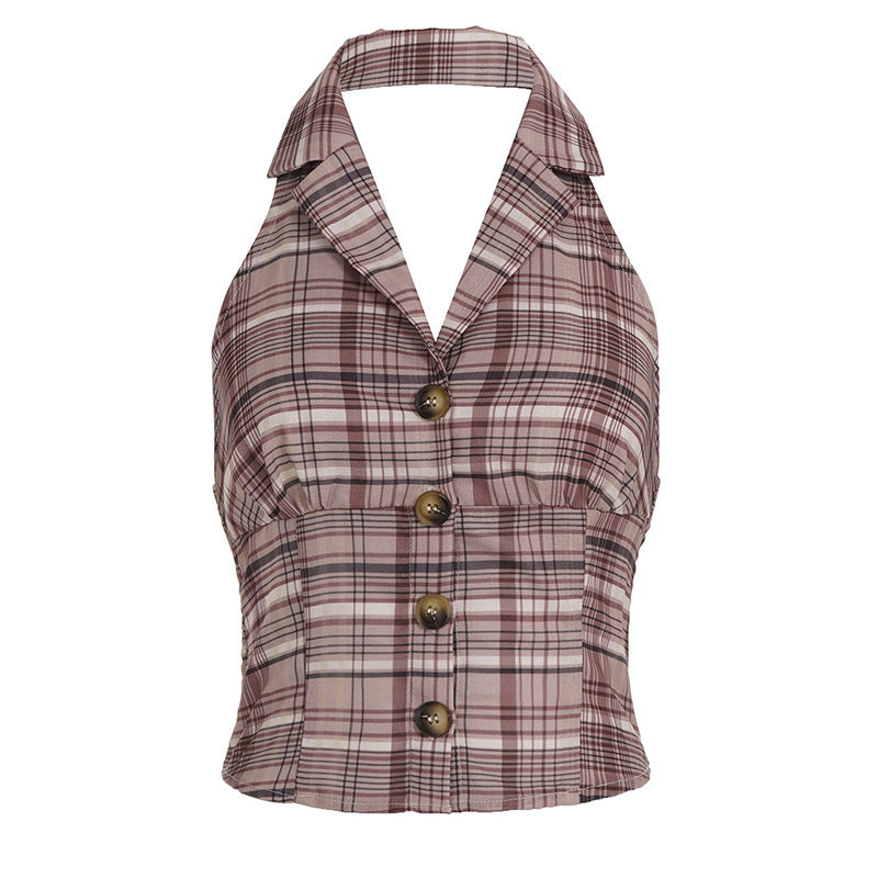 Damen ärmelloses Karo-Oberteil mit schickem Kragen und Knopfdetails EB