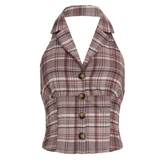 Damen ärmelloses Karo-Oberteil mit schickem Kragen und Knopfdetails EB