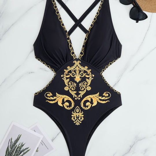 Damen Einteiler Badeanzug mit elegantem Muster und schimmernden Details EB