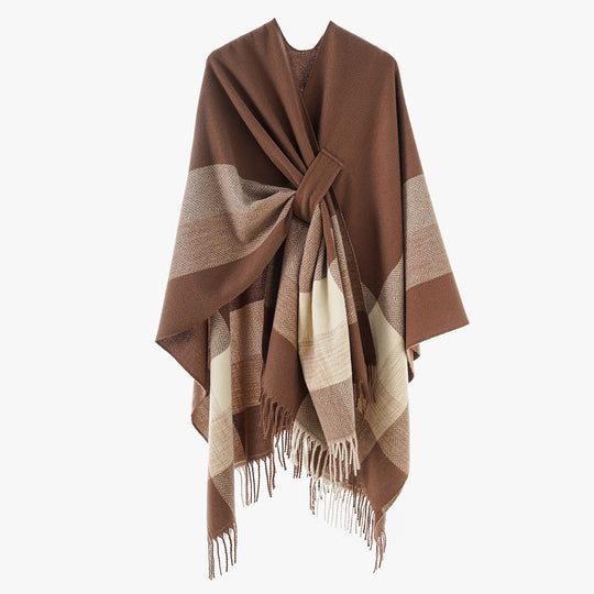 Damen Cape‑Poncho aus Wollmix mit Schlitzgürtel, geometrischem Jacquard und Fransensaum EB